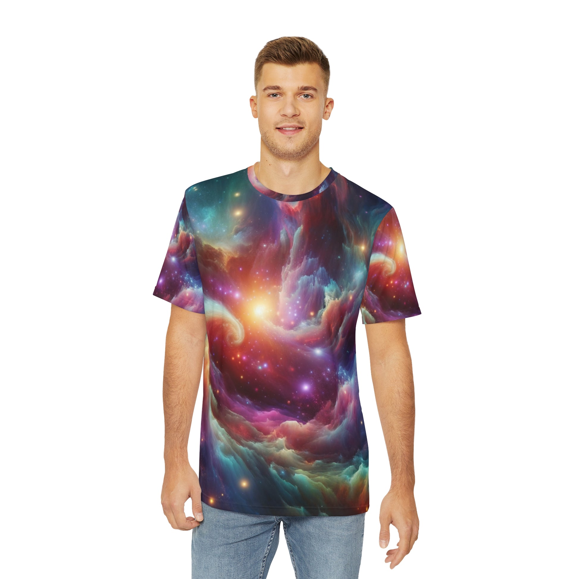 Mens neon galaxy shirt with vibrant cosmic design worn by a young man in casual jeans