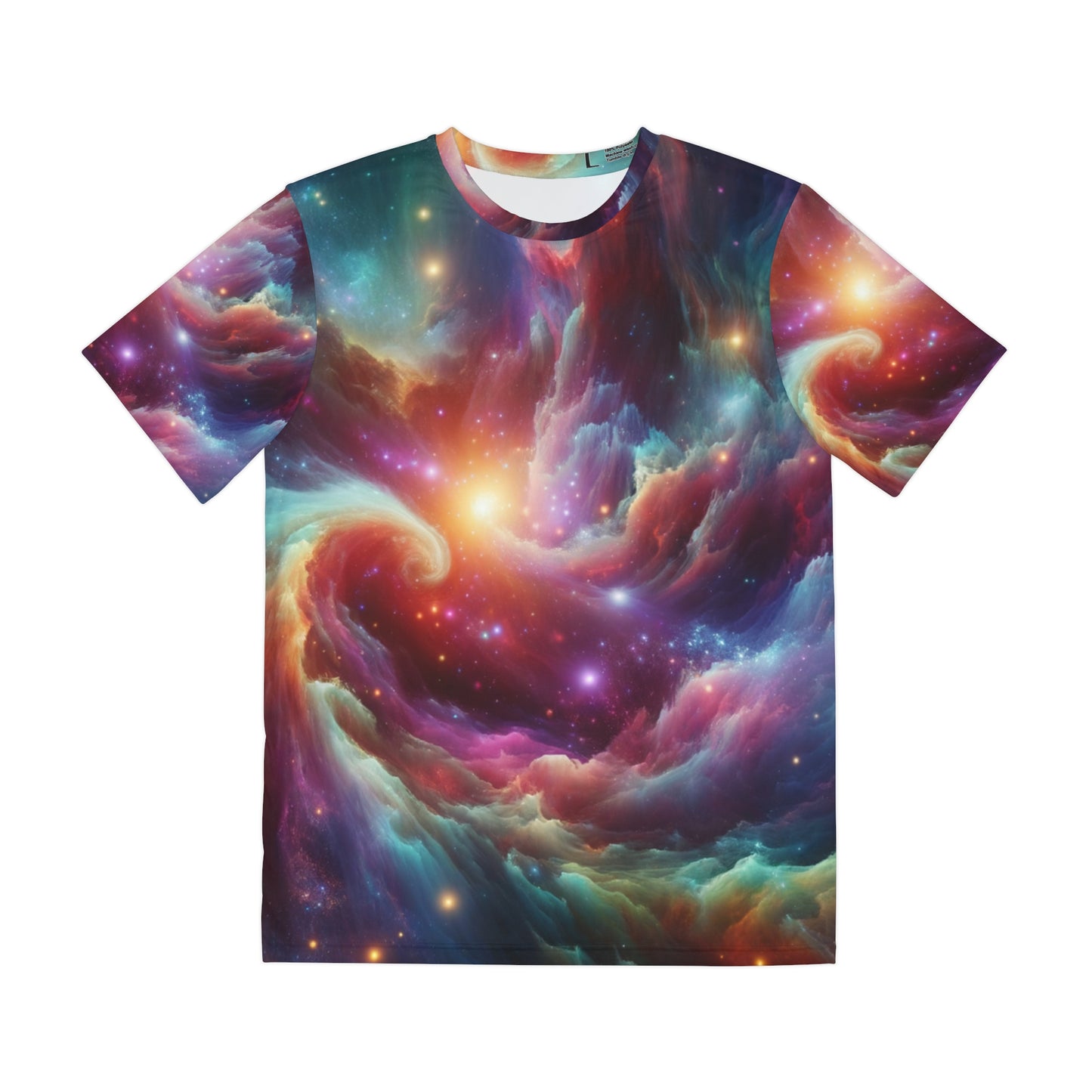 Mens neon galaxy shirt by LuckeLadybug featuring vibrant celestial colors and swirling space design