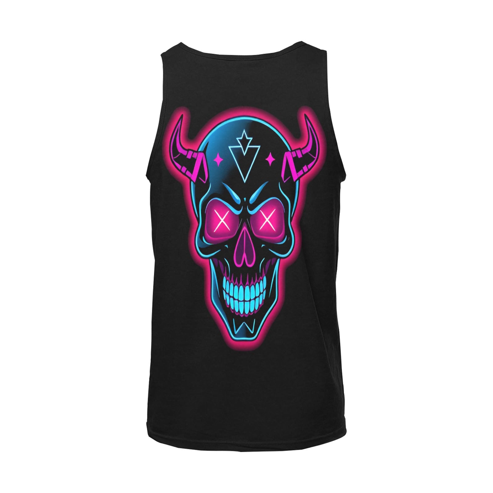 Black mens neon skull tank top with vibrant blue and pink skull graphic