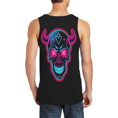 mens neon skull tank top with vibrant blue and pink skull design on black fabric