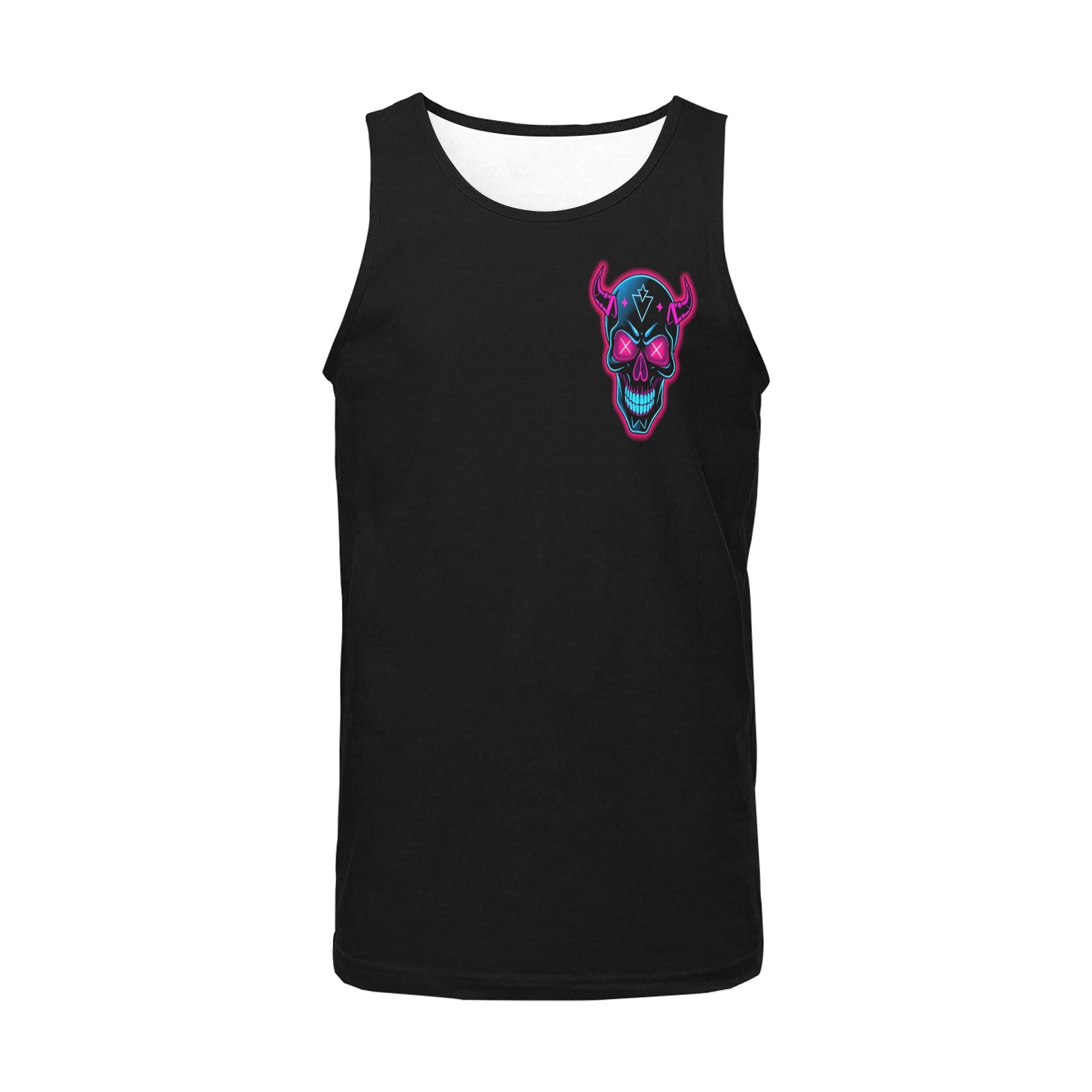 black mens neon skull tank top with vibrant blue and pink skull design on chest