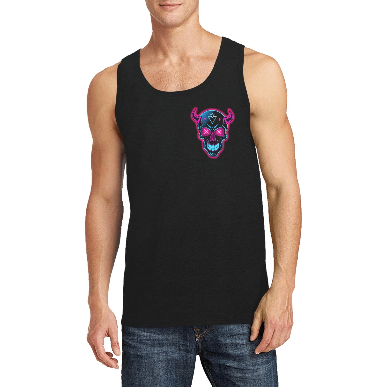 Mens neon skull tank top black sleeveless shirt with colorful skull design