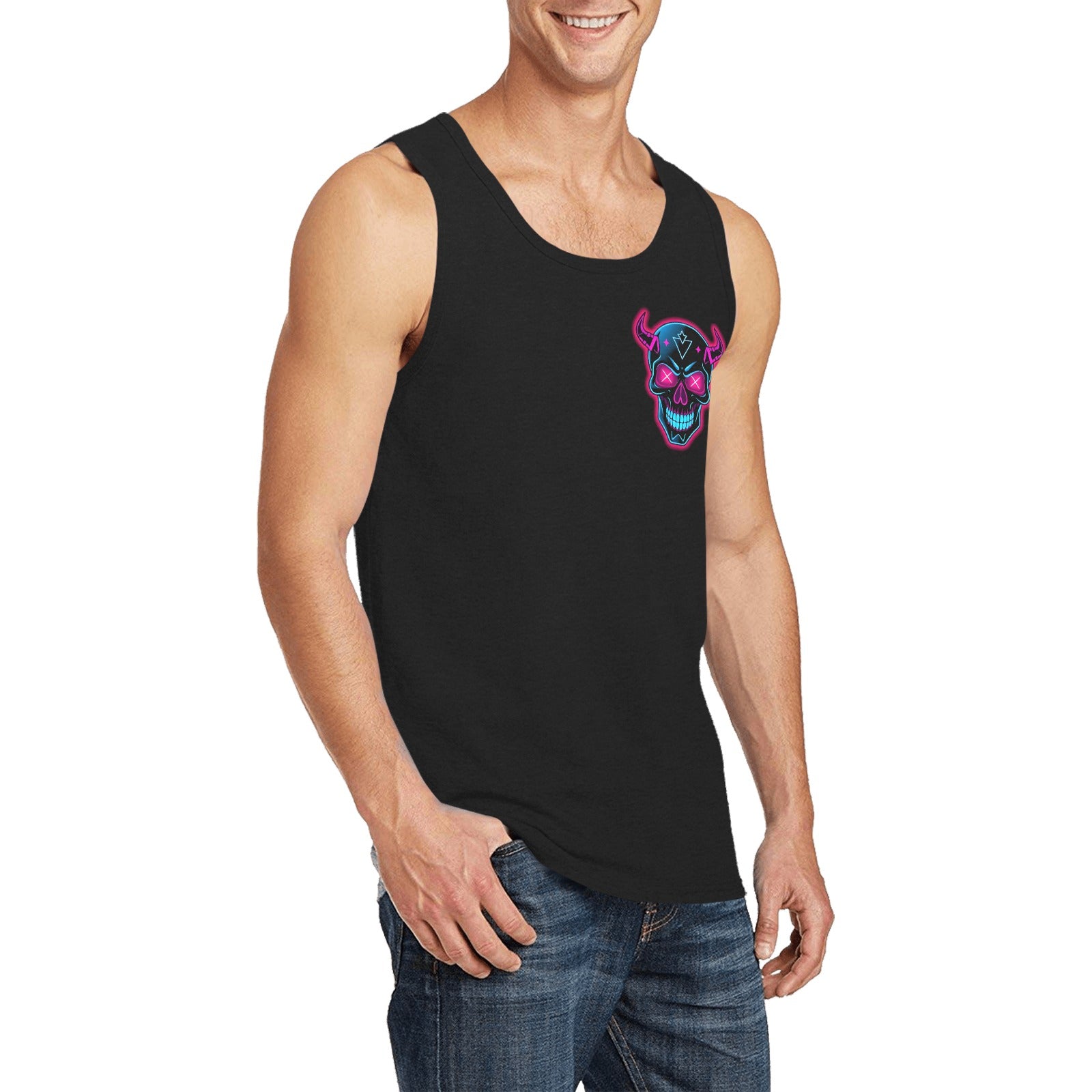 mens neon skull tank top in black with vibrant blue and pink skull graphic