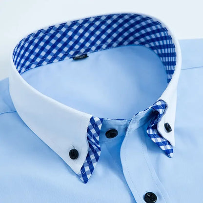 Light blue mens non iron dress shirt with stylish checked collar and button details
