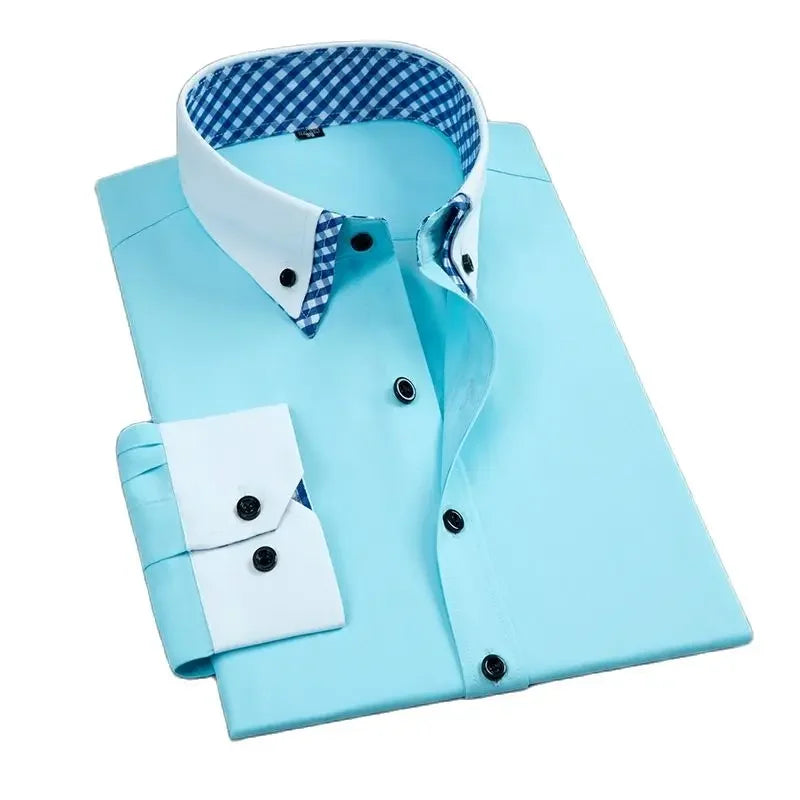 LuckeLadybug LLC mens non iron dress shirt in light blue with patterned collar and cuffs