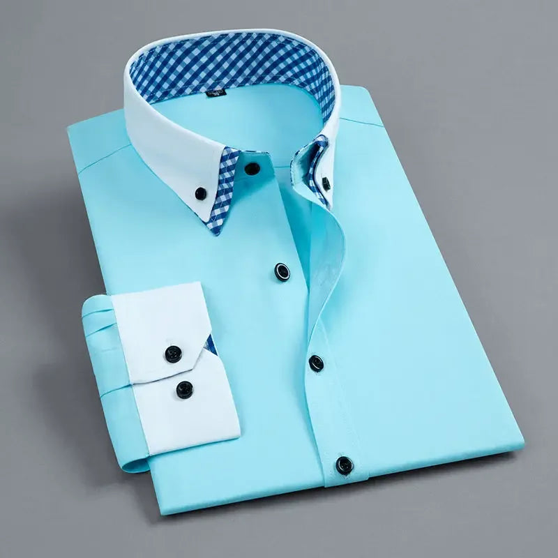LuckeLadybug mens non iron dress shirt in light blue with contrast check collar and cuffs