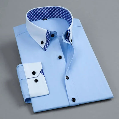 LuckeLadybug LLC mens non iron dress shirt in light blue with contrast checkered collar