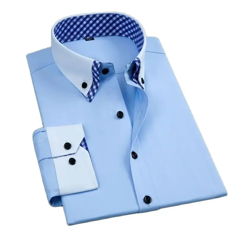 LuckeLadybug LLC mens non iron dress shirt in light blue with checked collar and cuffs