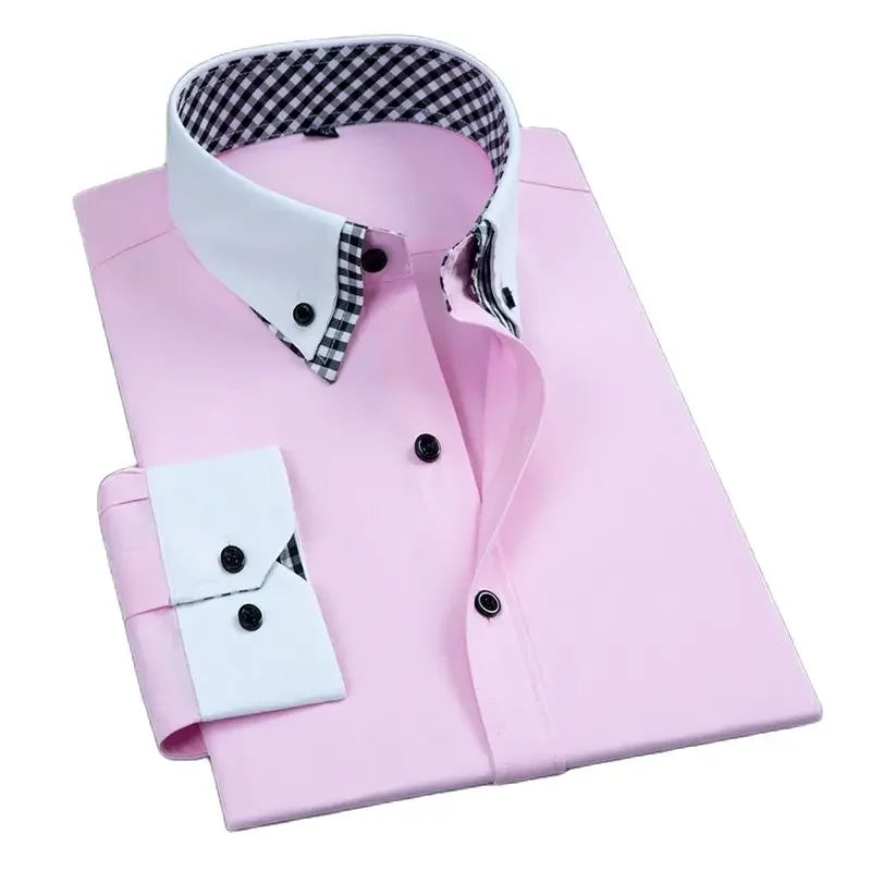 LuckeLadybug LLC mens non iron dress shirt in pink with checkered collar and cuffs for stylish occasions