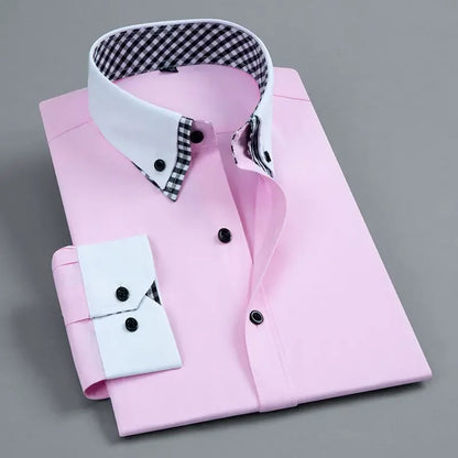 Pink mens non iron dress shirt with contrast checkered collar and cuff for a stylish look