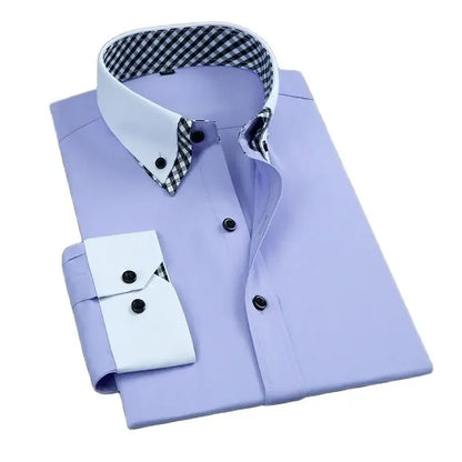 LuckeLadybug LLC mens non iron dress shirt in lavender with contrast black and white check collar