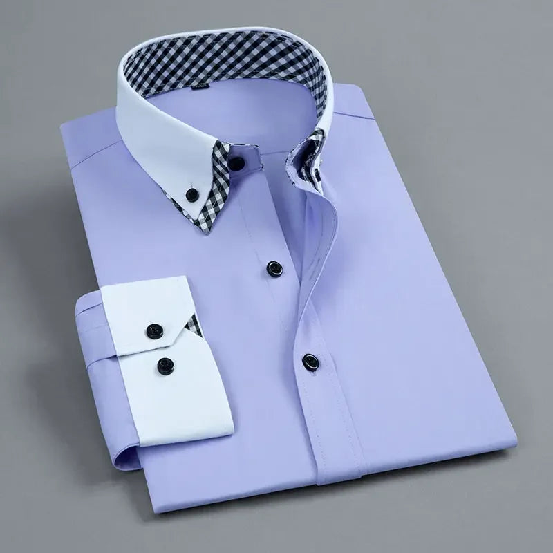 LuckeLadybug men's non iron dress shirt in purple with contrasting checkered collar and cuffs