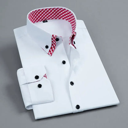 LuckeLadybug LLC mens non iron dress shirt in white with a red checked collar and black buttons