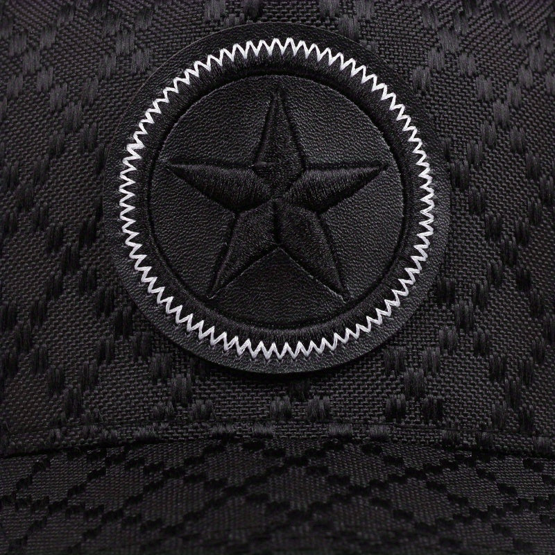 Black snapback featuring a textured design and star emblem, ideal as a men's outdoor sports baseball cap