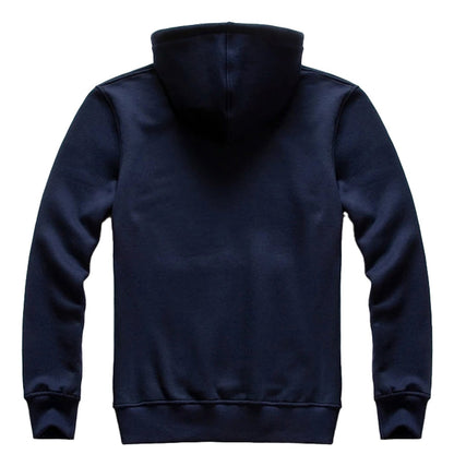 Back view of LuckeLadybug men's oversized hoodie in navy blue, featuring a classic design and hood
