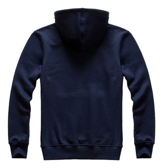 Back view of LuckeLadybug men's oversized hoodie in navy blue, featuring a classic design and hood