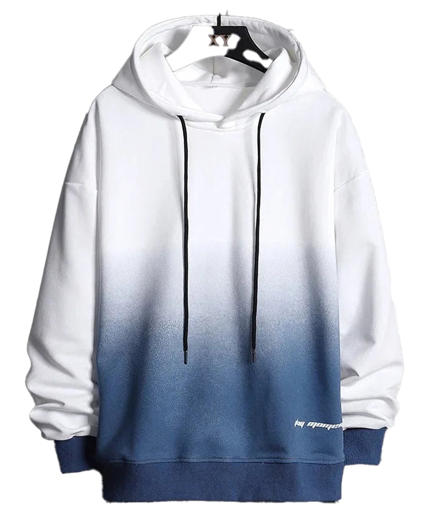 LuckeLadybug LLC men's oversized hoodie streetwear in white and blue gradient with drawstring hood