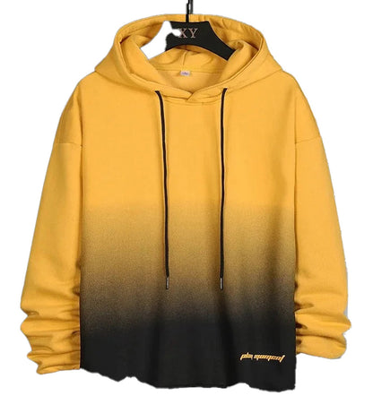 Men's oversized hoodie streetwear in yellow to black gradient with adjustable drawstrings