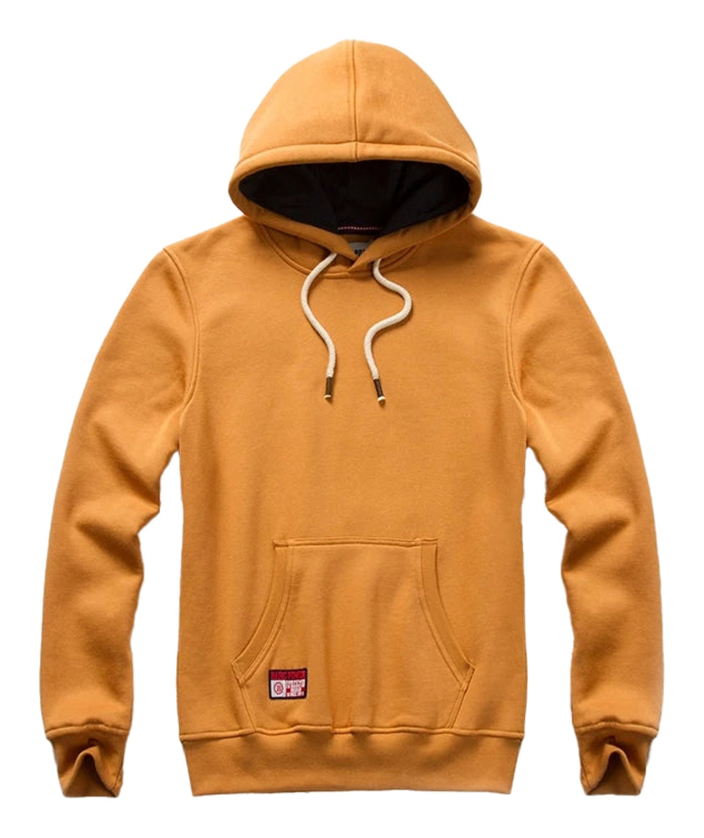 LuckeLadybug LLC men's oversized hoodie in mustard yellow with a front pocket and drawstring hood