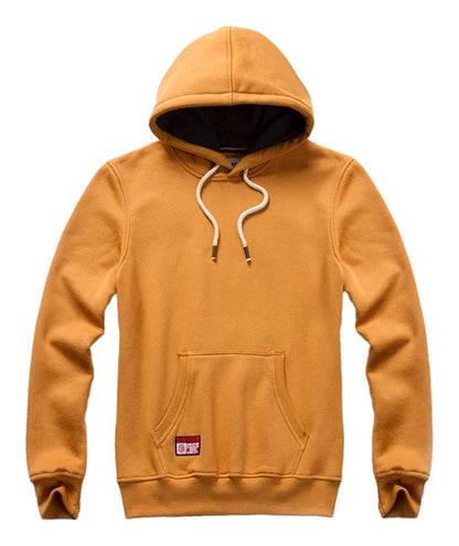 LuckeLadybug LLC men's oversized hoodie in mustard yellow with a front pocket and drawstring hood