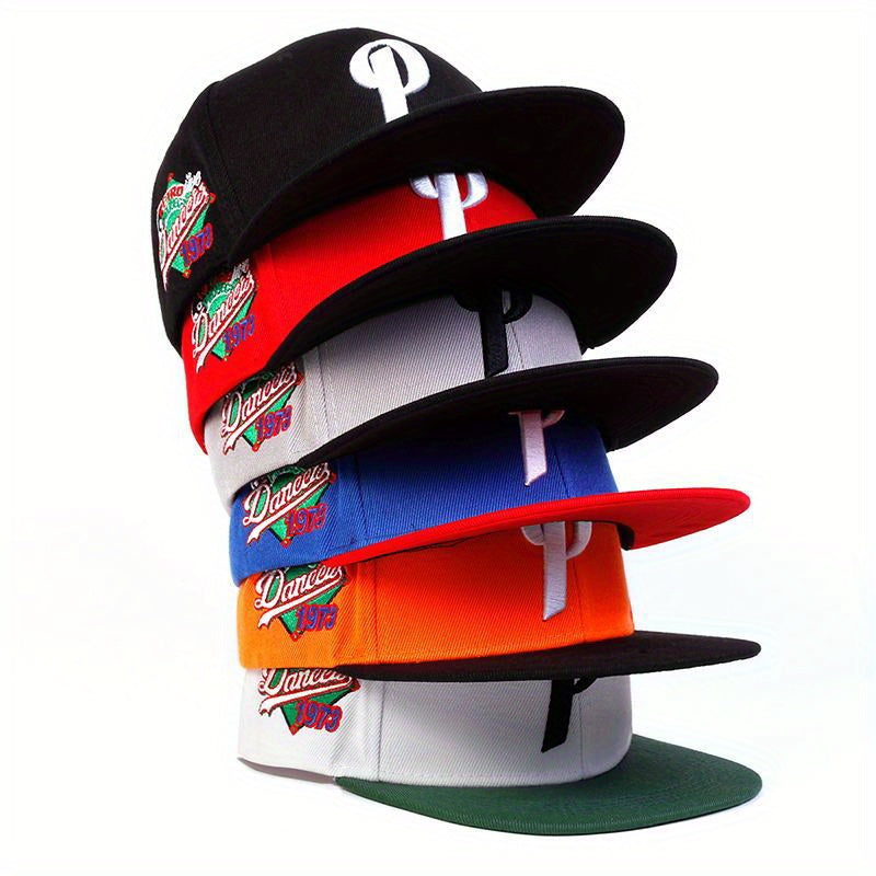 Stack of vibrant snapback hats including a black men's P letter hip hop hat from LuckeLadybug LLC