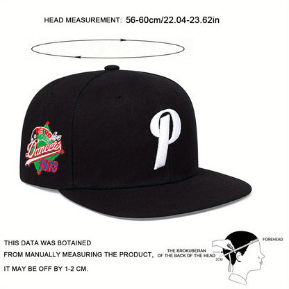 LuckeLadybug LLC men's P letter hip hop hat in black with embroidered logo and adjustable fit