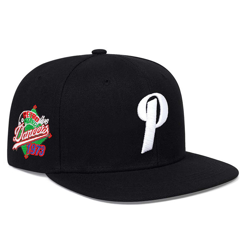 LuckeLadybug LLC men's P letter hip hop hat in black with embroidered logo and retro design