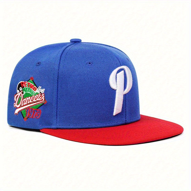 LuckeLadybug LLC men's P letter hip hop hat in blue and red with embroidered details