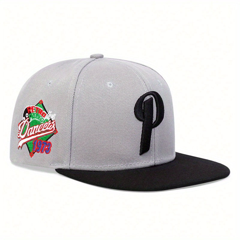 LuckeLadybug men's P letter hip hop hat in gray and black with colorful embroidered design
