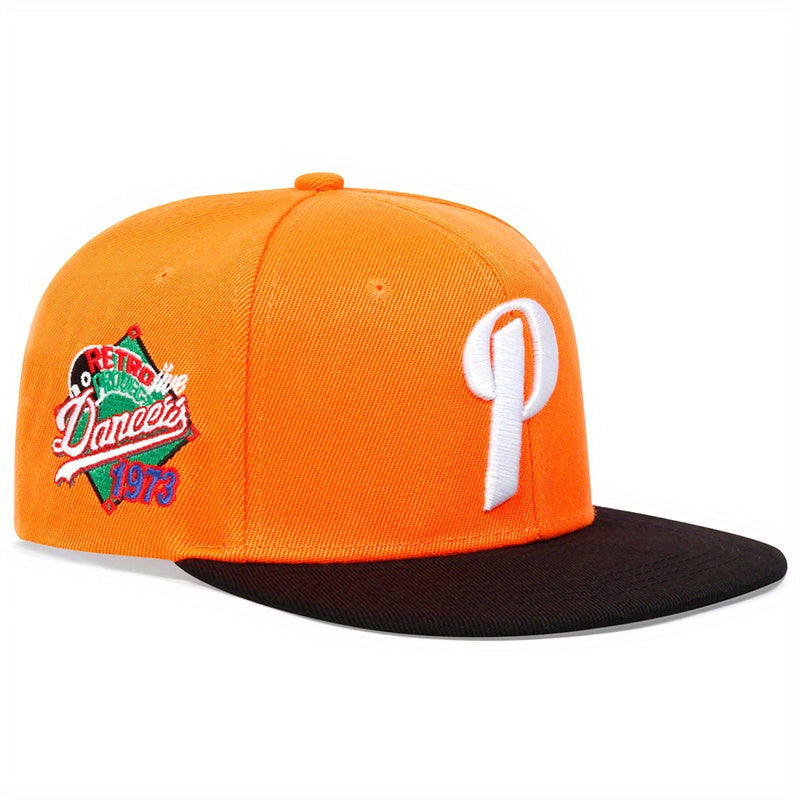 LuckeLadybug LLC men's P letter hip hop hat in orange and black with embroidered designs