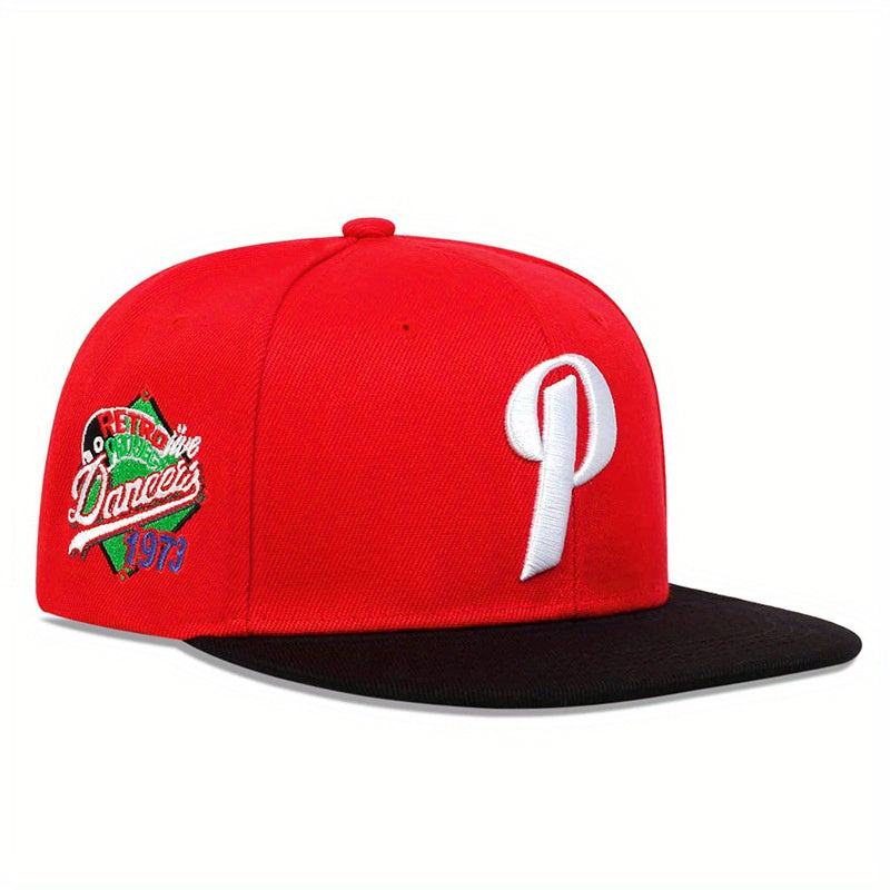 LuckeLadybug LLC men's P letter hip hop hat in red with black visor and embroidered design