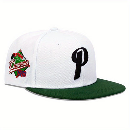 LuckeLadybug LLC men's P letter hip hop hat with a green brim and embroidered details