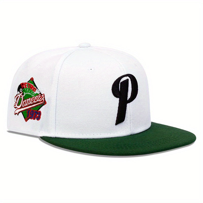 LuckeLadybug LLC men's P letter hip hop hat in white and green featuring a retro design