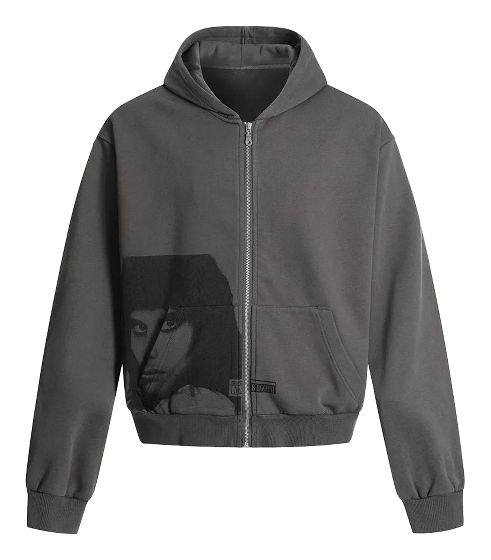 LuckeLadybug mens portrait print hooded sweatshirt in gray with a unique graphic design