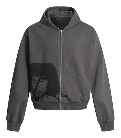 LuckeLadybug mens portrait print hooded sweatshirt in gray with a unique graphic design