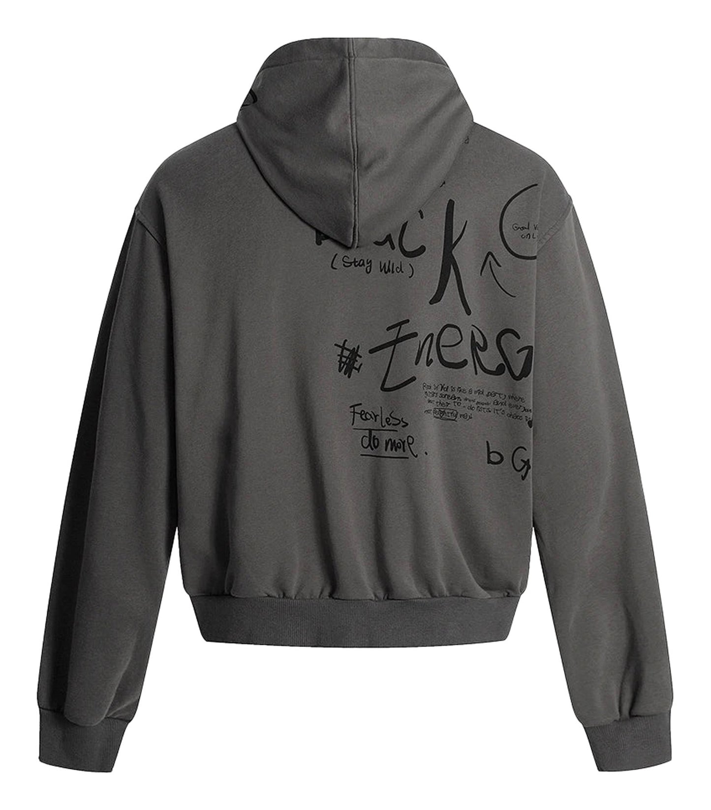 LuckeLadybug mens portrait print hooded sweatshirt in gray with artistic designs on the back