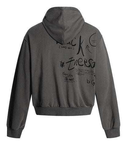 LuckeLadybug mens portrait print hooded sweatshirt in gray with artistic designs on the back