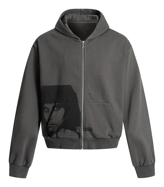 LuckeLadybug mens portrait print hooded sweatshirt in gray with artistic design on the front