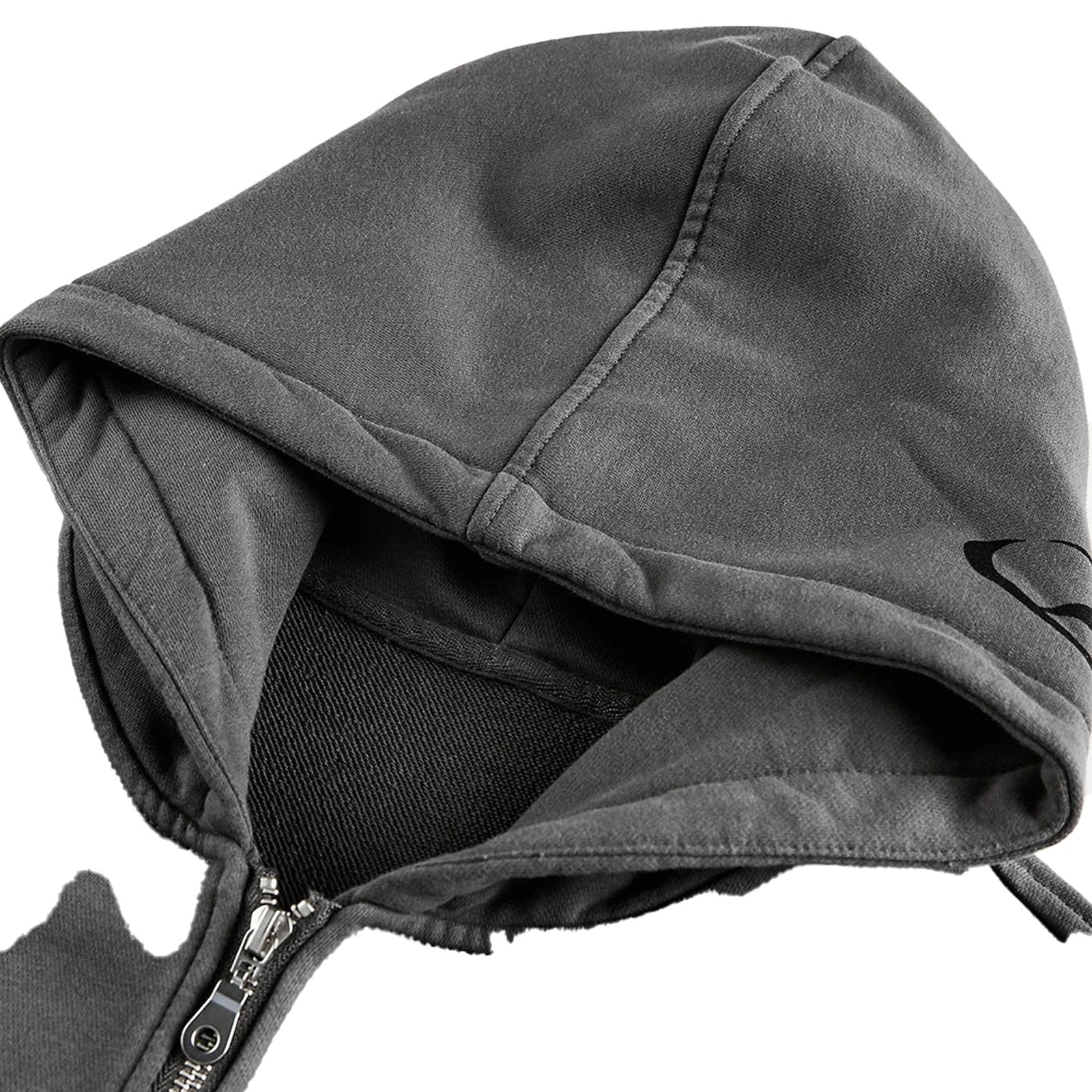 Close-up of gray mens portrait print hooded sweatshirt with a zippered front and stylish hood design