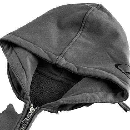 Close-up of gray mens portrait print hooded sweatshirt with a zippered front and stylish hood design