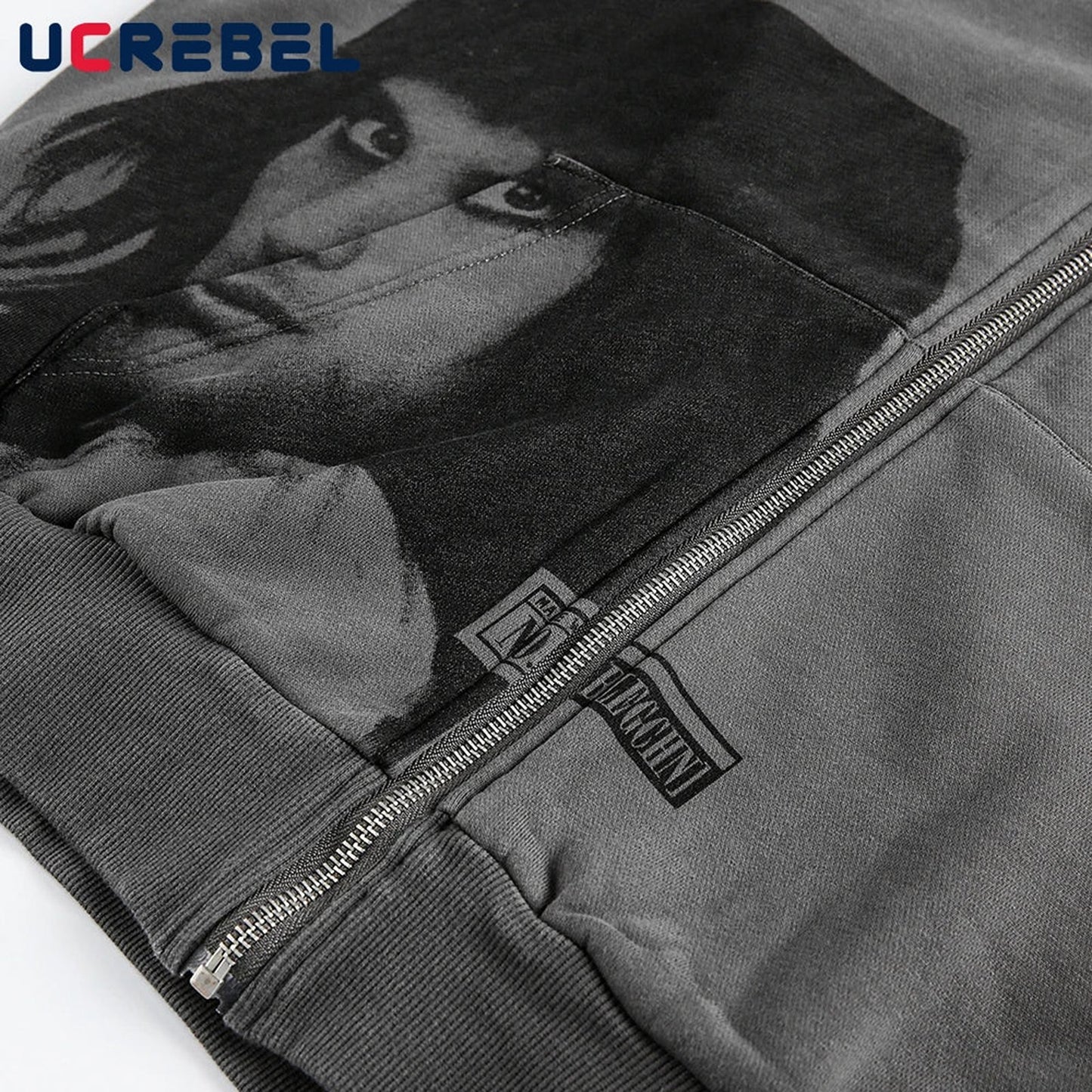 Men's portrait print hooded sweatshirt in gray featuring a striking graphic design