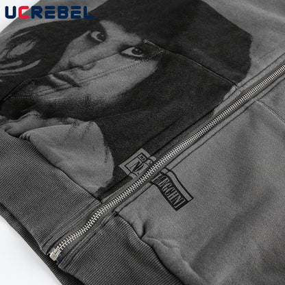 Men's portrait print hooded sweatshirt in gray featuring a striking graphic design