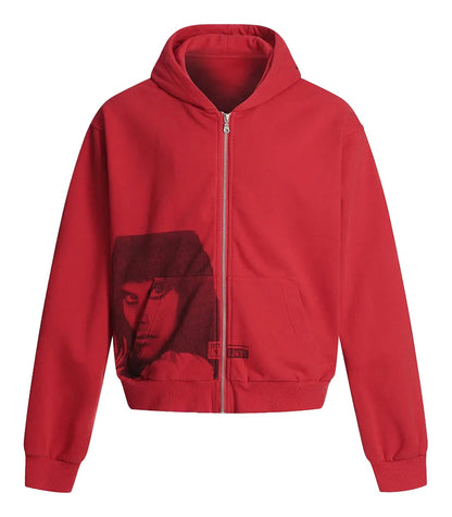Red mens portrait print hooded sweatshirt with zipper and front pocket for casual style
