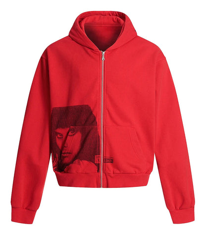 Mens portrait print hooded sweatshirt in red featuring an artistic front design and a cozy fit
