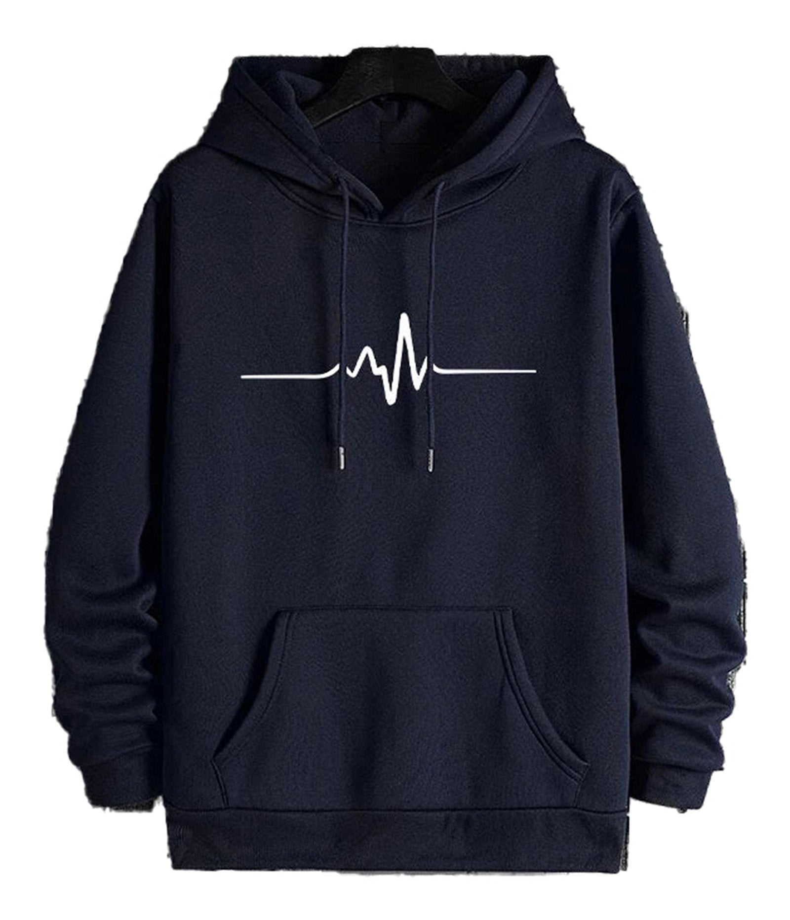 Navy men's printed hoodies with heartbeat line design and front kangaroo pocket