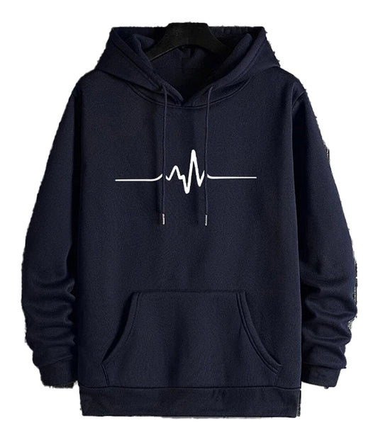 Navy men's printed hoodies with heartbeat line design and front kangaroo pocket