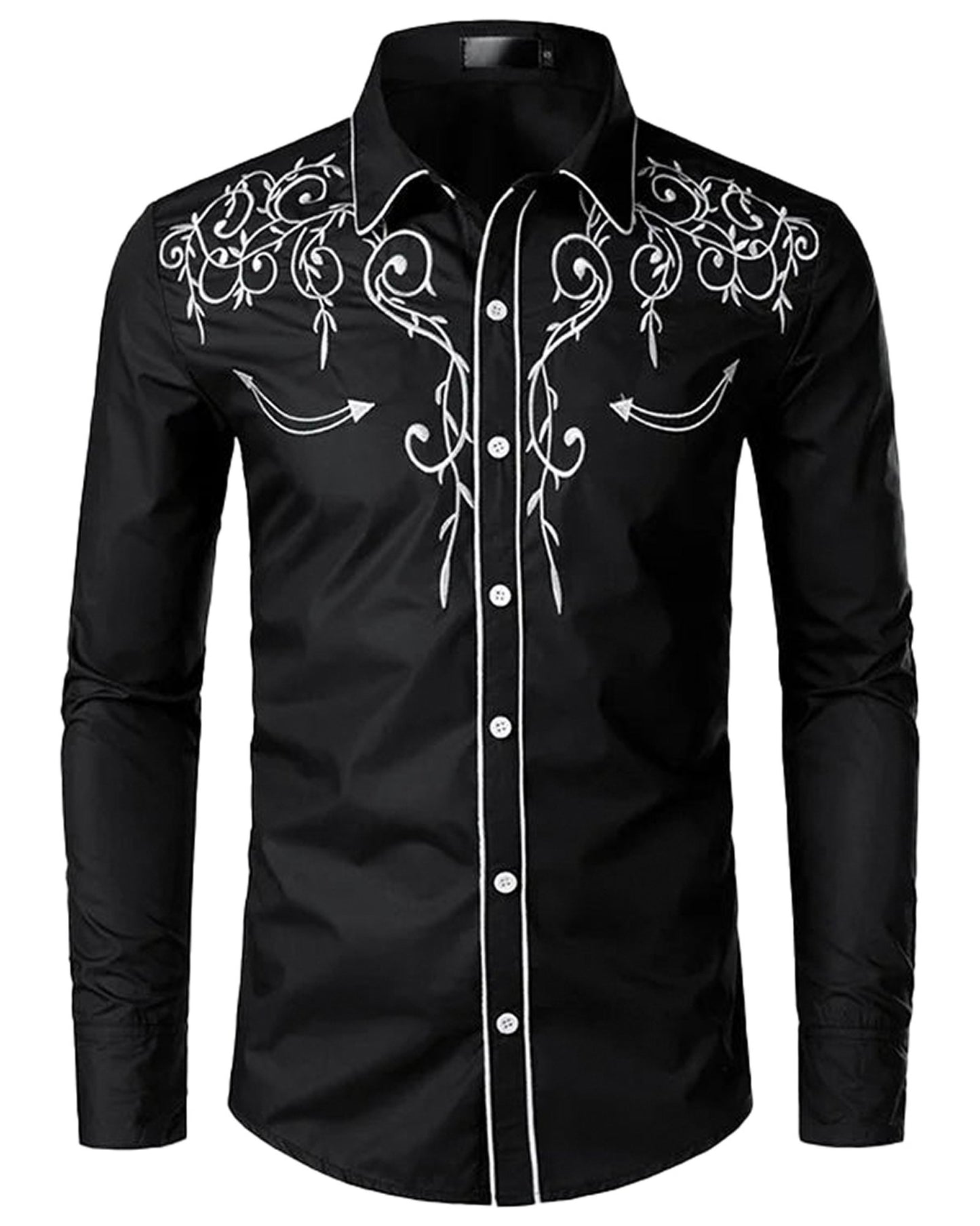 Men's red western embroidered shirt featuring intricate white floral designs on a black background