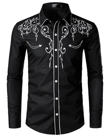 Men's red western embroidered shirt featuring intricate white floral designs on a black background