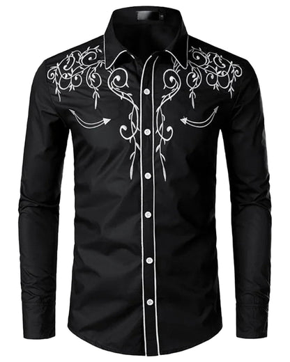 LuckeLadybug men's red western embroidered shirt with stylish white floral designs