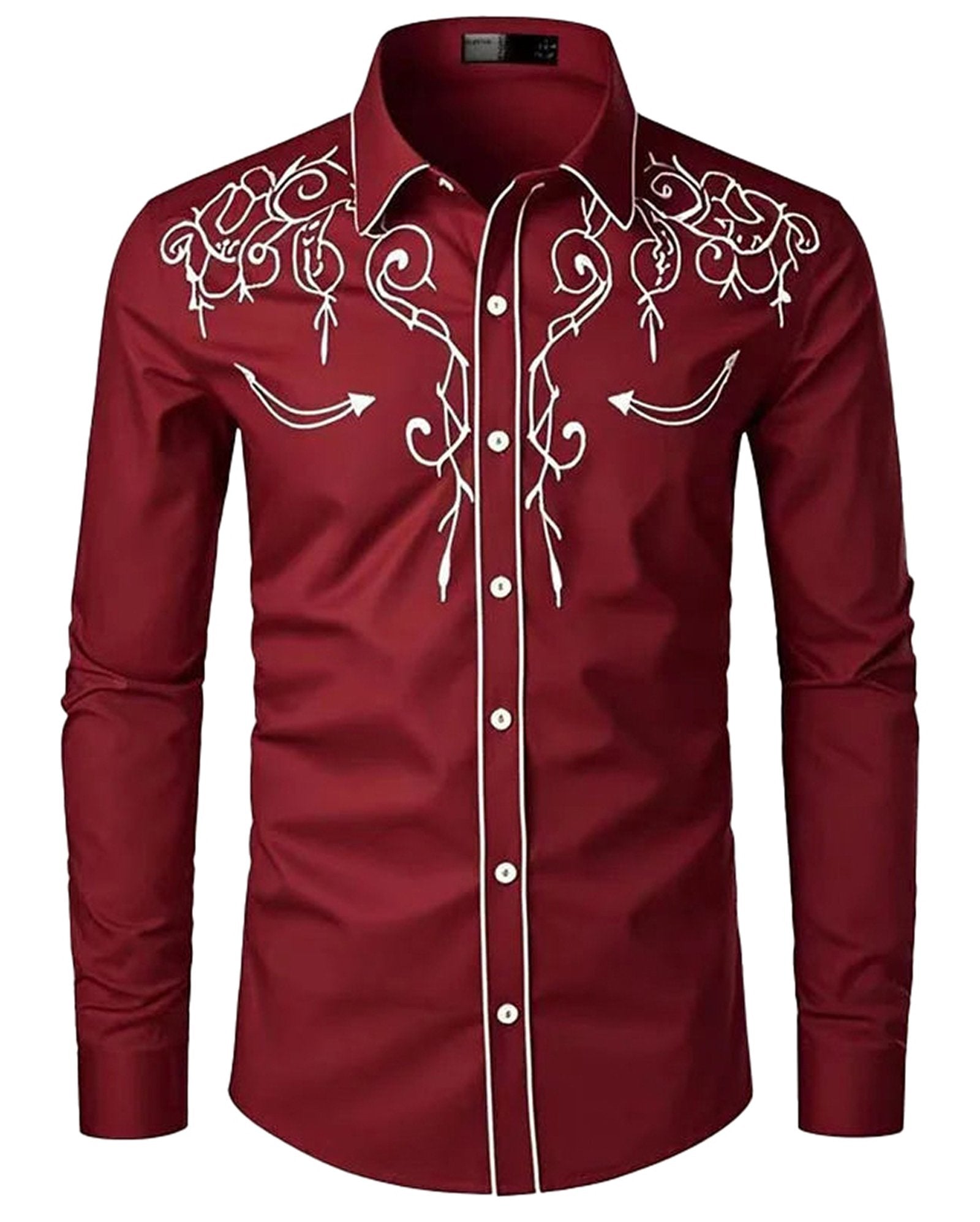 Men's red western embroidered shirt featuring white decorative stitching on the front and sleeves